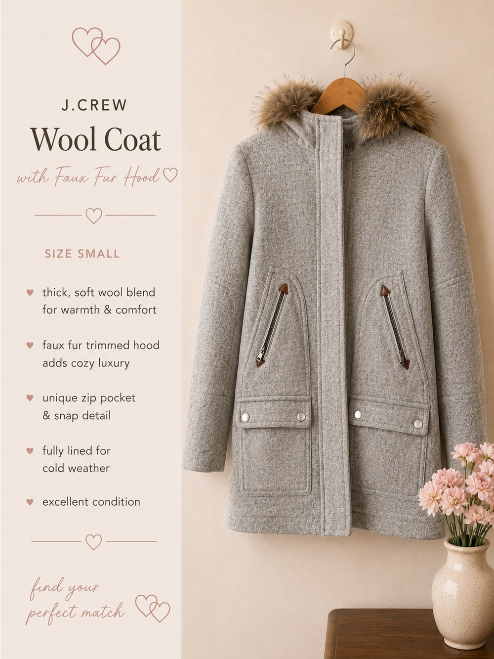 J. Crew Light Gray Wool Blend Peacoat with Faux Fur Hood